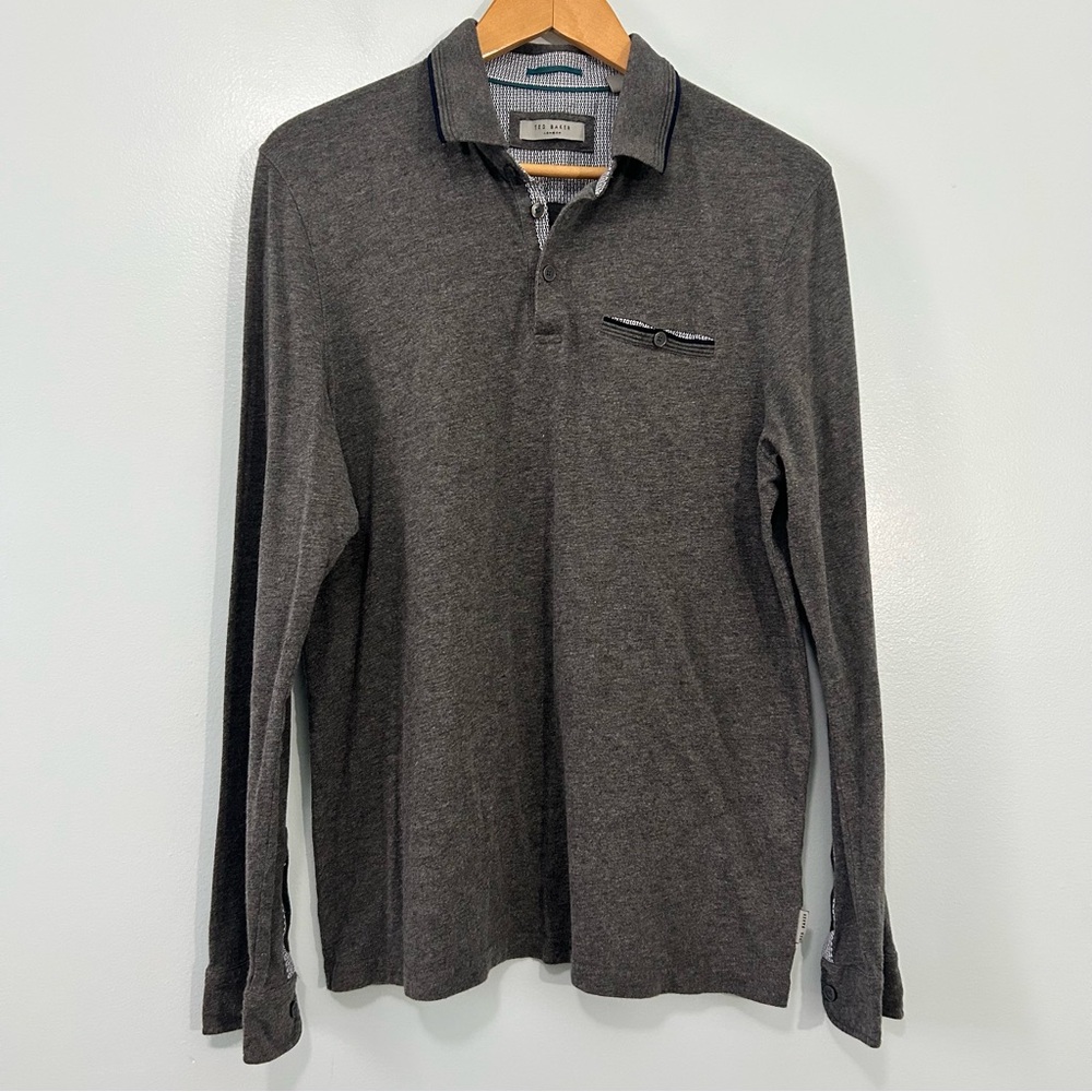 Ted Baker Gray Long Sleeve Polo Shirt Soft Heathered Texture M